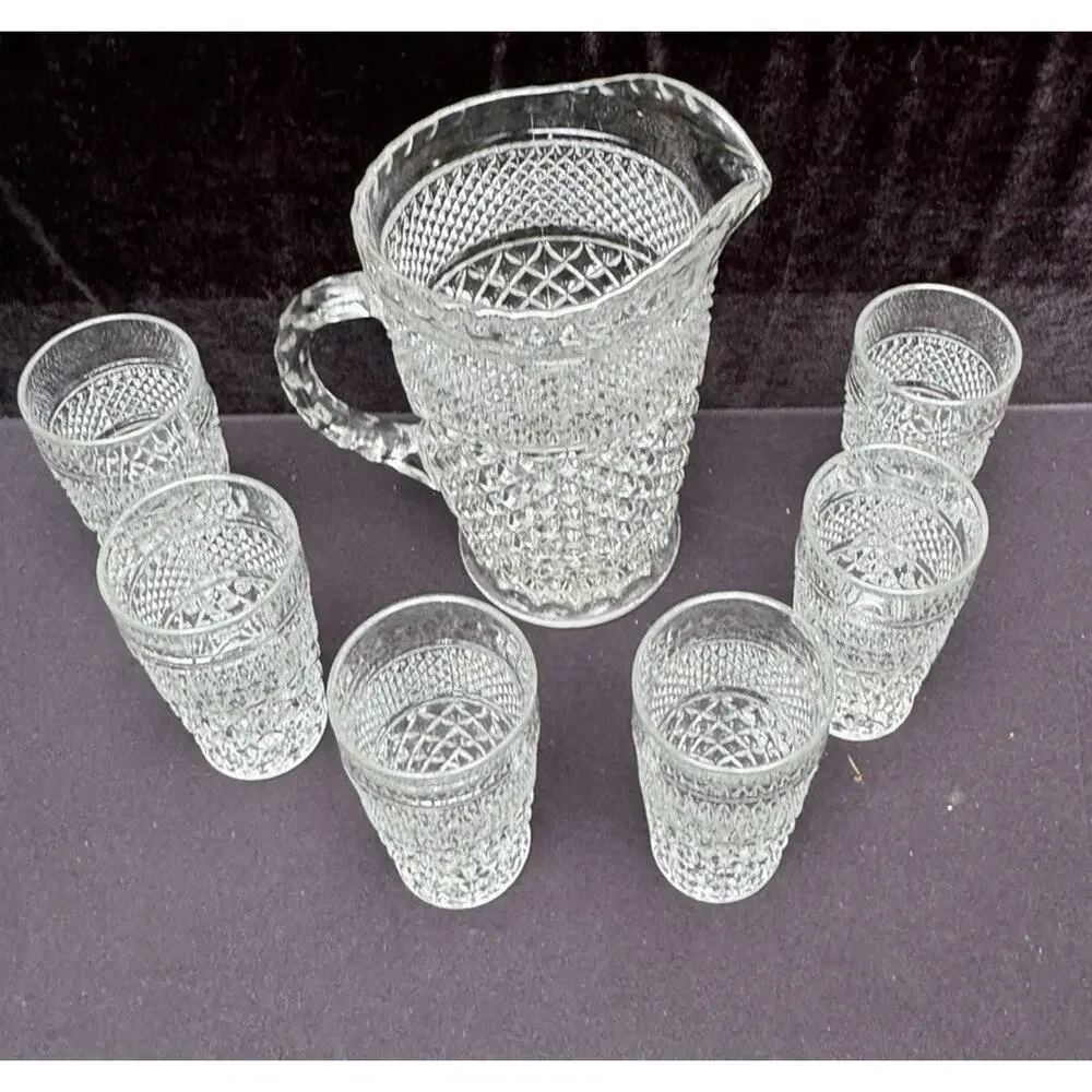 Anchor Hocking Wexford Diamond Cut Glass Vintage Pitcher & 6 Glasses EUC -8/28